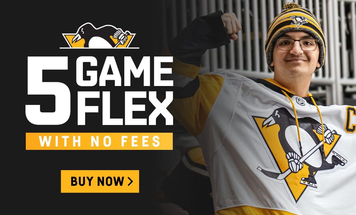 a ticket offer card reading 5 GAME FLEX, WITH NO FEES, and a BUY NOW button, beside a photo of a fan in a Penguins jersey and knit hat flexing