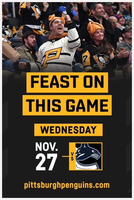 a vertical concourse poster reading FEAST ON THIS GAME in black type on gold blocks, over a photo of fans in turkey hats celebrating, with WEDNESDAY NOV. 27 versus the Vancouver Canucks below