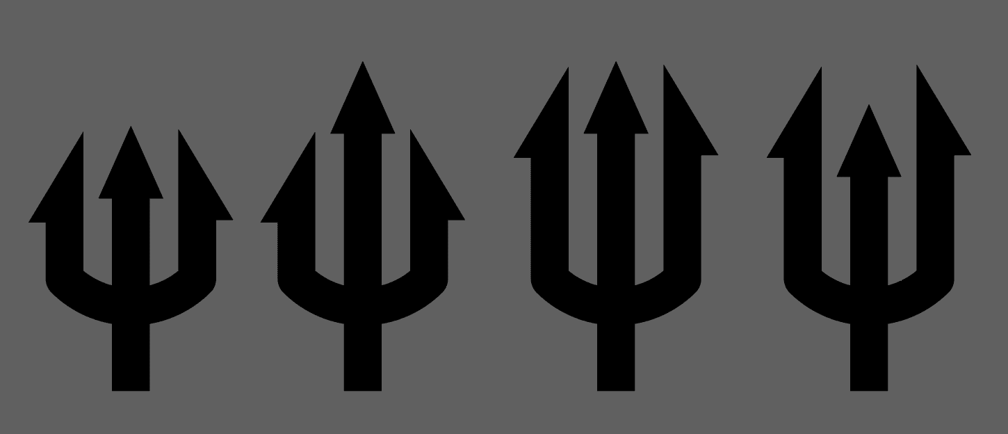 four solid trident marks side by side, each with the outer tines and the centre prong at different heights relative to one another