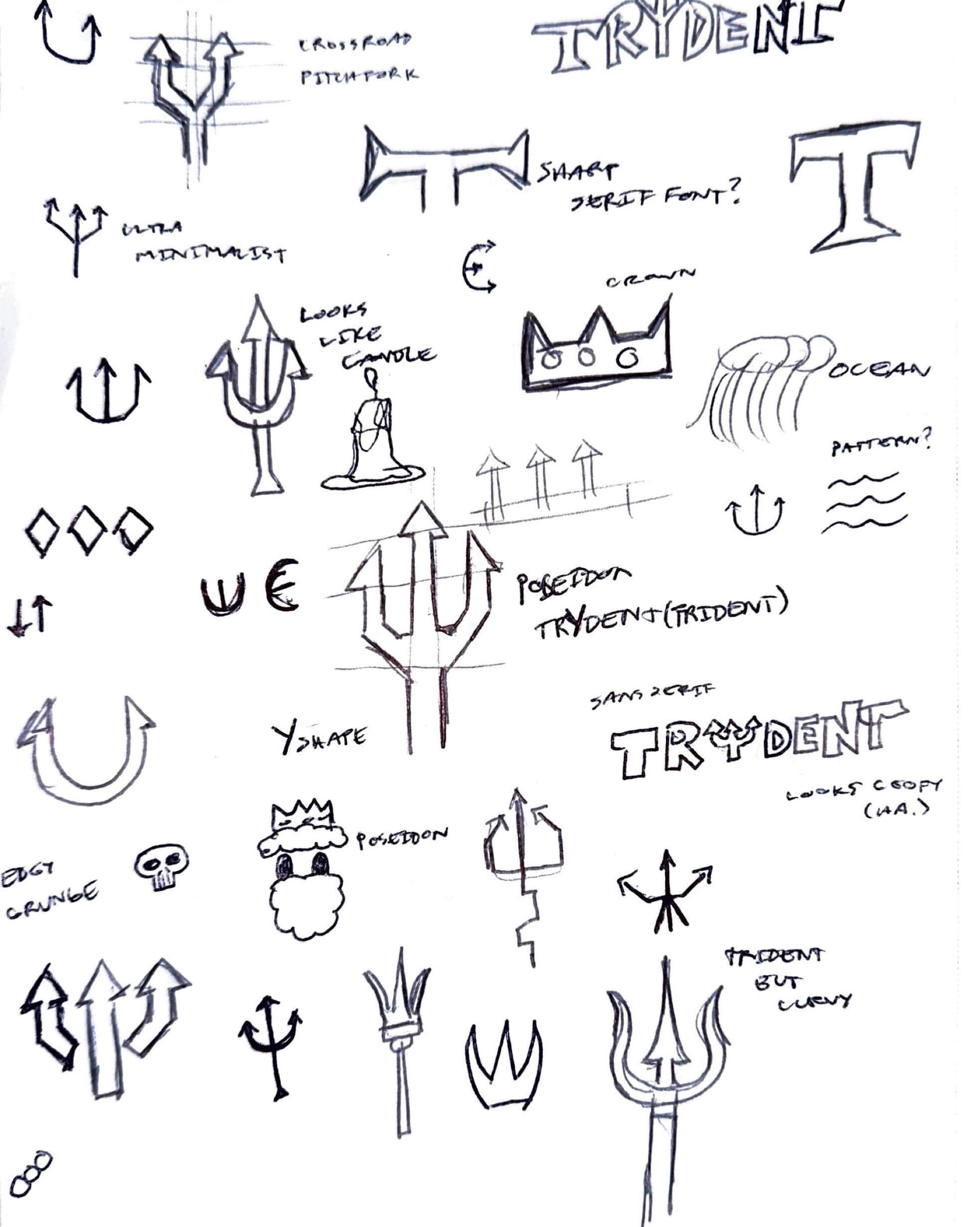 a sketchbook page of trident explorations annotated by hand: crossroad pitchfork, ultra minimalist, a crown, ocean lines, a Y shape, a Poseidon head, an edgy grunge skull, one mark labelled looks like candle with a candle drawn beside it, and a sans serif TRYDENT wordmark marked looks creepy