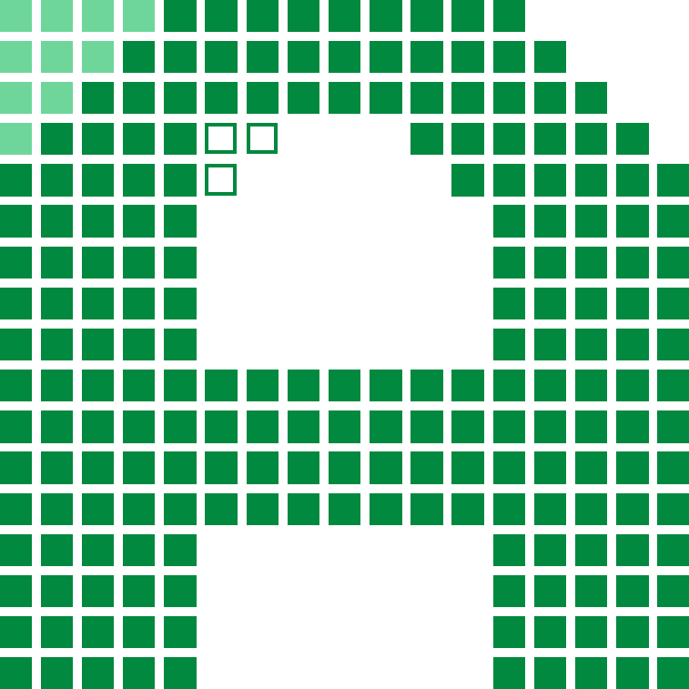 version five, ten pale cells arriving as the left arm runs flush to the edge, and three hollow where the counter wall moved