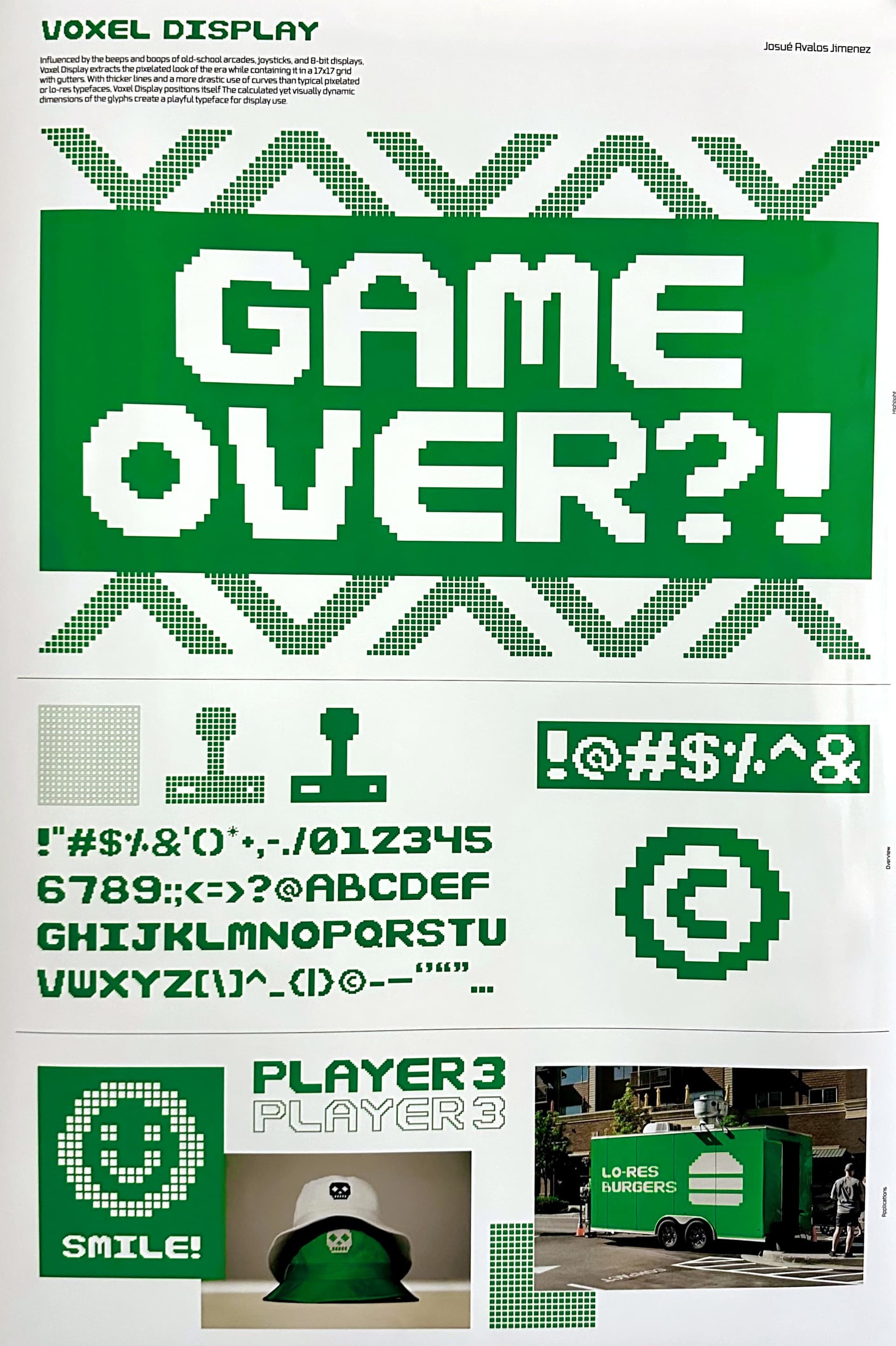 printed Voxel Display specimen poster on a wall, headlined Game Over?! with the full glyph set, joystick icon, punctuation marks, and the Lo-Res Burgers bucket hat and food trailer mockups