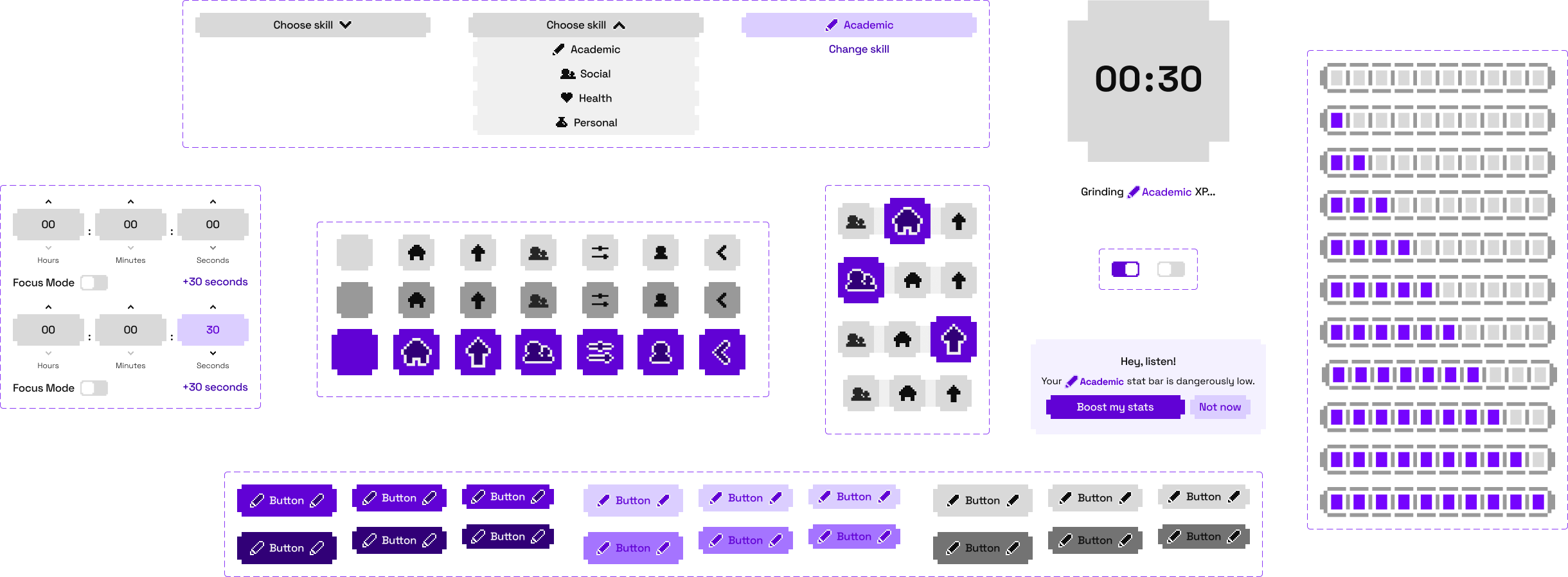 design atom components: skill-category dropdowns, timer inputs, nav icon states, and button variants in filled and outline styles
